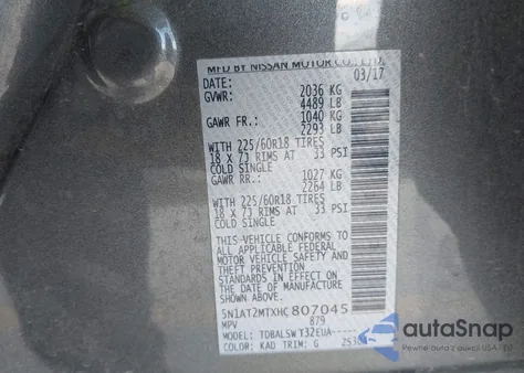 2017 Nissan Rogue Sl z USA, uszkodzony, nr VIN 5N1AT2MTXHC807045